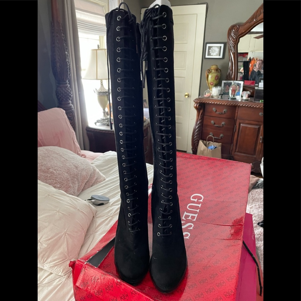 Guess knee high lace front boots. Black suede. Worn twice